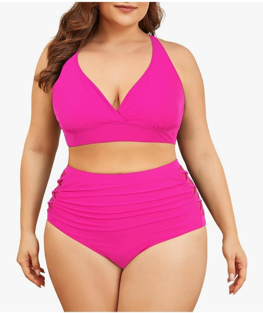 Womens Plus Size Bikini Two Piece Swimsuits Tummy Control Bathing Suits High Waisted Bikini Swimwear Rose Red 16 Plus, Pink