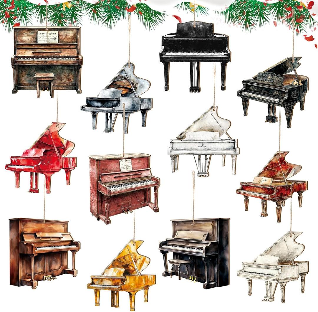 Pinkunn 36 Pieces Christmas Ornaments Grand Piano Black Decoration Musical Music Instrument Ornament Brown Upright Piano Hanging Decorations for Christmas Tree (Watercolor Style)