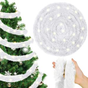 Jutom 50 Ft Christmas Tree Decoration Fur Garland LED Lighted White Faux Ribbon Trim Artificial Furry Stripe Roll Garland for Xmas Holiday Winter Indoor and Outdoor Decoration