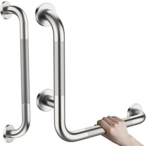 L-Shaped Angled Shower Grab Bar w/Straight Bathroom Safety Handrail 16 Inch, iHansee Brushed Nickel Knurled Handicap Grab Bar Wall Mounted, Anti Slip Toilet Bathtub Balance Support Bar for Elderly