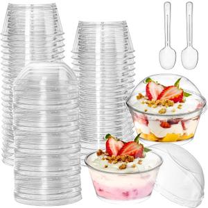 Foraineam 100 Pack 5 oz. Thick Plastic Dessert Cups with 100 Lids and 100 Spoons, Mini Clear Ice Cream Bowl Parfait Party Cups, Reusable Snack Serving Bowls for Desserts, Appetizers, Puddings, Fruits