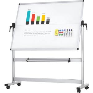 VIZ-PRO Double-Sided Mobile Whiteboard, 48 x 36 Inches, Magnetic Rolling Dry Erase White Board on Wheels with Aluminium Frame and Stand