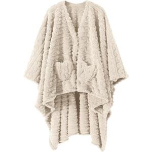 Wearable Blanket Sherpa Fleece Shawl Blanket with Pockets Blanket Poncho Cape for Adults, Cozy Shawl TV Throw Blankets (Ivory)