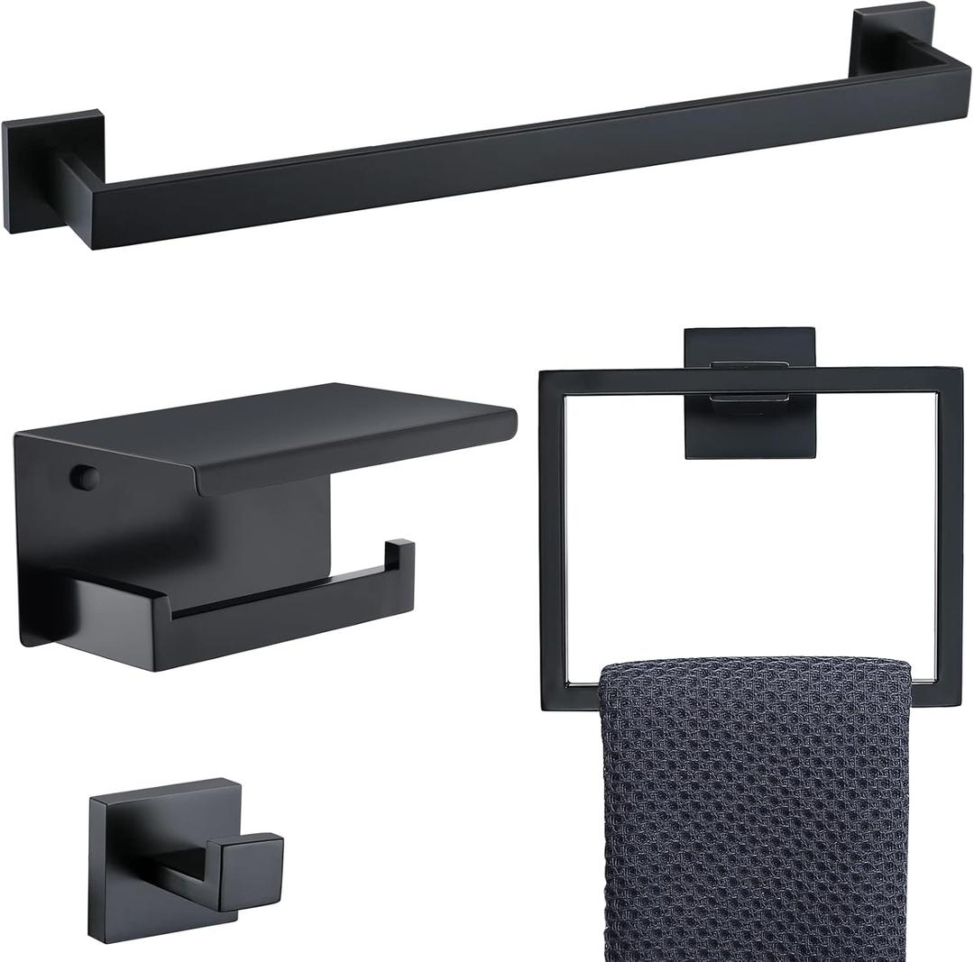 Bathroom Towel Bar Holder Sets Matte Black 4-Piece Bathroom Hardware Set Stainless Steel Bath Accessories Kit. Wall Mounted,23.6 Inch