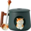 DIHOclub Adorable 3D Ceramic Cat Mug with Lid and Spoon - Perfect for Coffee, Tea, Milk, and More - Ideal Gift for Animal Lovers - 14 Ounces (Green)