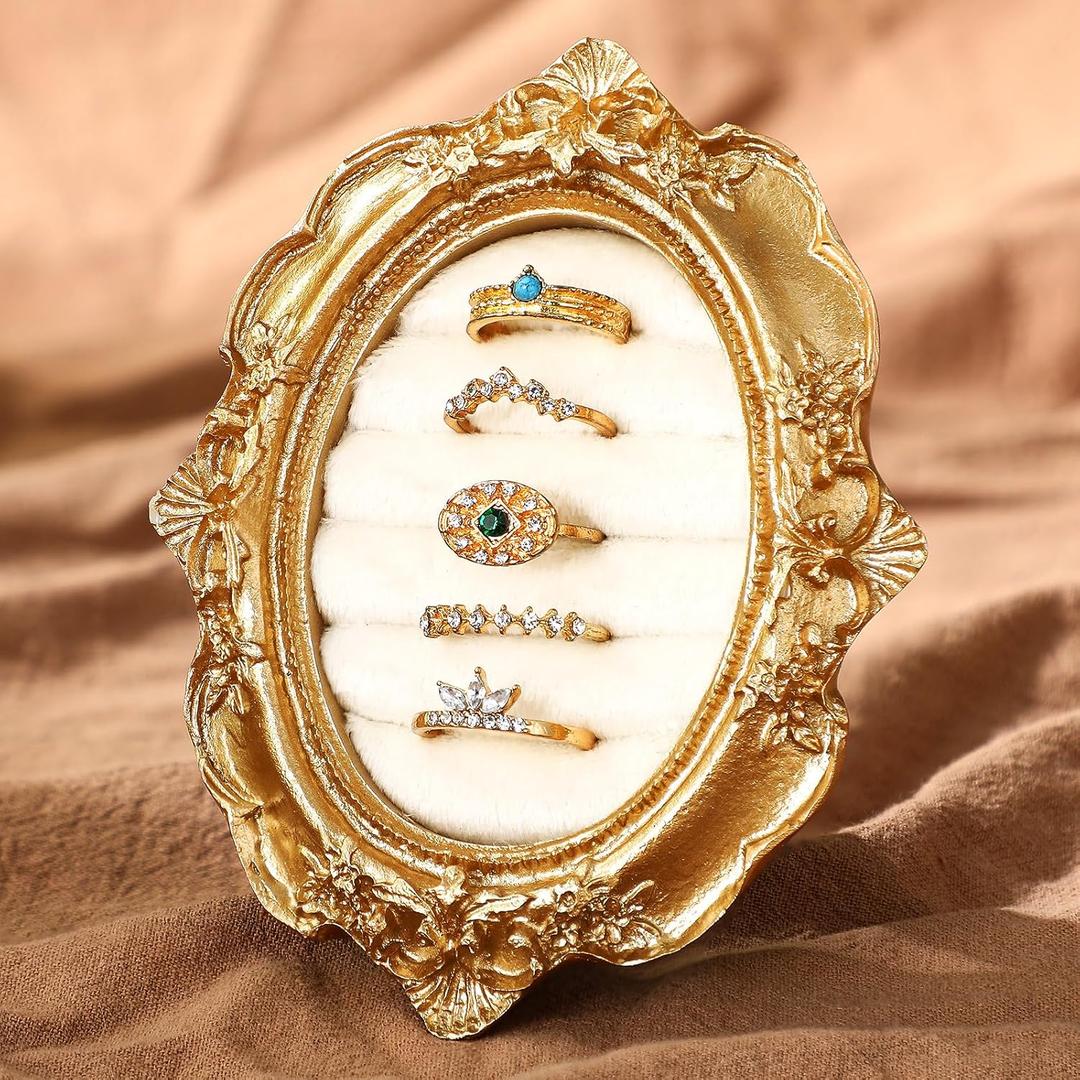 Liliaafar Vintage Ring Holder Oval Gold Ring Wedding Display Suede Jewelry Box Stand Frame Earring Tray Anniversary Engagement Baroque Organizer Photograph Prop for Women Birthday Christmas Gift