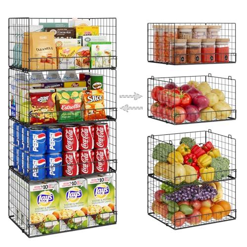 4 Pack Stackable Wire Baskets for Pantry Organizers and Storage, Large Pantry Basket for Snack Organizer, Foldable Fruit and Vegetable Storage Bin Store Can Onion Potato for Kitchen Cabinet/Countertop