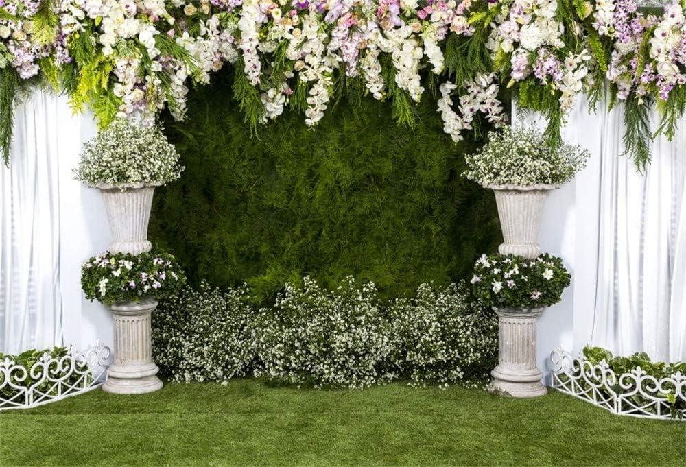 Laeacco Arch Wedding Flowers Backdrop 10x8ft Vinyl Photography Background Stone Planter Flowers White Curtain Green Ivy Wall Decoration Outdoos Ceremony Green Grassfield Backdrop (10x8FT)