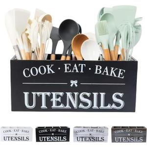 LIBODOUR Utensil Holder,Extra Large Wooden Utensil Holder For Kitchen Counter,Cooking Spatula Organizer,Big Storage Caddy With 4 Compartments Flatware Spoon Tool CutleryBlack