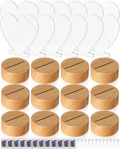 Baquler 12 Pcs 3D LED Night Lamp Base 12 Pcs Clear Acrylic Blank Sheets 16 Colors 4 Mode with Remote Control USB Cable Wood Color DIY Acrylic Lamp Base for Room Decor(Heart)