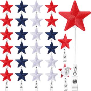Crtiin 24 Pcs 4th of July Badge Reel for Nurse Star Shaped Retractable Holiday Badge Holder with Alligator Clip Cute Patriotic Name ID Clip Holder for Women Student Doctor Independence Day Gift