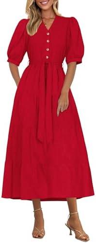 PRETTYGARDEN Summer Dresses for Women 2025 Elegant Classy Short Sleeve V Neck Ruffle A Line Belted Long Flowy Beach Dress, Size XL
