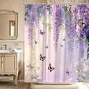 Purple Floral Butterfly Shower Curtain Rustic Weeping Wisteria Blossom Watercolor Lavender Flower Green Leaves Spring Garden Nature Scenery Bathroom Decor Polyester Curtains with Hooks,70Wx70L