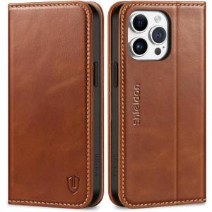 SHIELDON Case for iPhone 15 Pro Max 6.7", Genuine Leather Wallet Flip Magnetic Cover RFID Blocking Credit Card Holder Kickstand TPU Shockproof Case Compatible with iPhone 15 Pro Max 5G - Retro Brown
