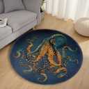 Gold Blue Octopus Vintage Plush Bathroom Decor Rug - Indoor Outdoor Floor Mat - Decorative Bathroom Rug 23.5 Inches Diameter
