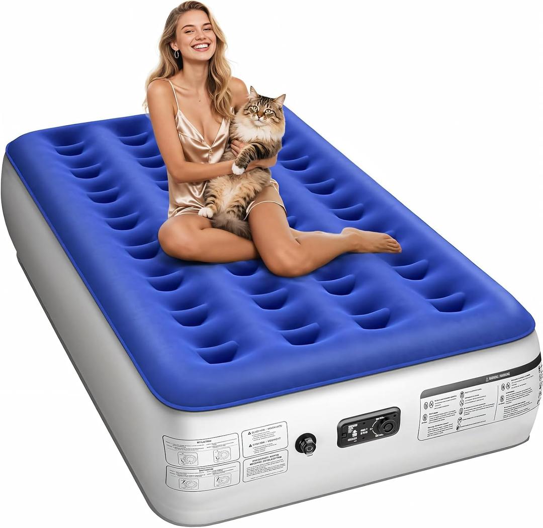Twin Air Mattress with Built in Pump Luxurious Comfort Raised Inflatable Mattress Twin Airbed Blow Up Mattress for Home and Guests 75"*39"*13" Air Bed 2 Minutes Fast Inflate/Deflate 330 lbs Max (13" Blue & White)