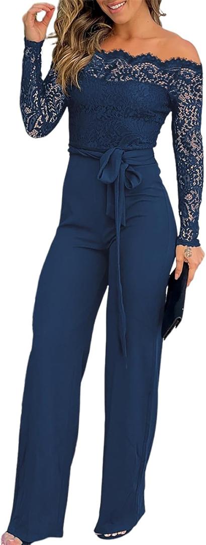 CHICME Womens Dressy Jumpsuits Casual One Piece Outfits Off Shoulder Lace Trim Overalls Straight Leg Pants (Blue, M)
