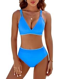BMJL Women's Bikini Sets V Neck High Waisted Swimsuit Shell Stitched Cheeky Two Piece Bathing Suits(M,Blue)