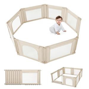 Doradotey Adjustable Baby Playpen with Adult Door, Foldable Large Playpen for Babies and Toddlers, Breathable Mesh Indoor Baby Playard, Safe Fence, 59 x 59 Inch, Khaki
