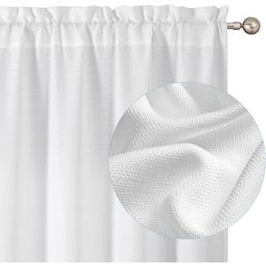 Chyhomenyc White Curtains 45 Inch Length 2 Panels, Faux Linen Textured Semi Sheer Light Filtering Soft Airy Rod Pocket Window Treatment Drapes for Living Room Bedroom, 30Wx45L Inch, 2 PCS