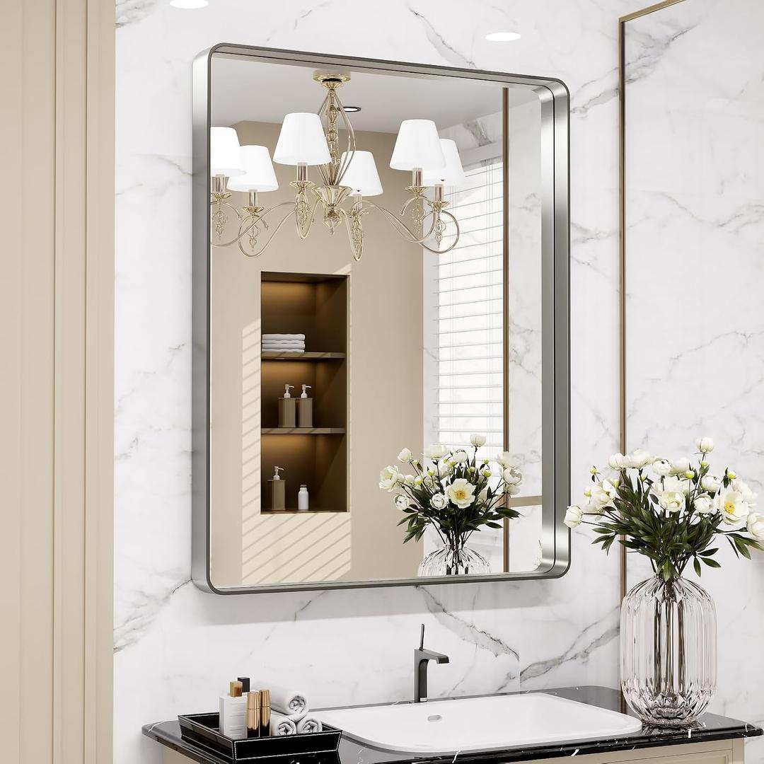 LOAAO 24X32 Inch Brushed Nickel Bathroom Mirror, Rounded Rectangle Silver Metal Frame Mirror, Brushed Nickel, Anti-Rust, Shatter Proof, Hangs Horizontally or Vertically