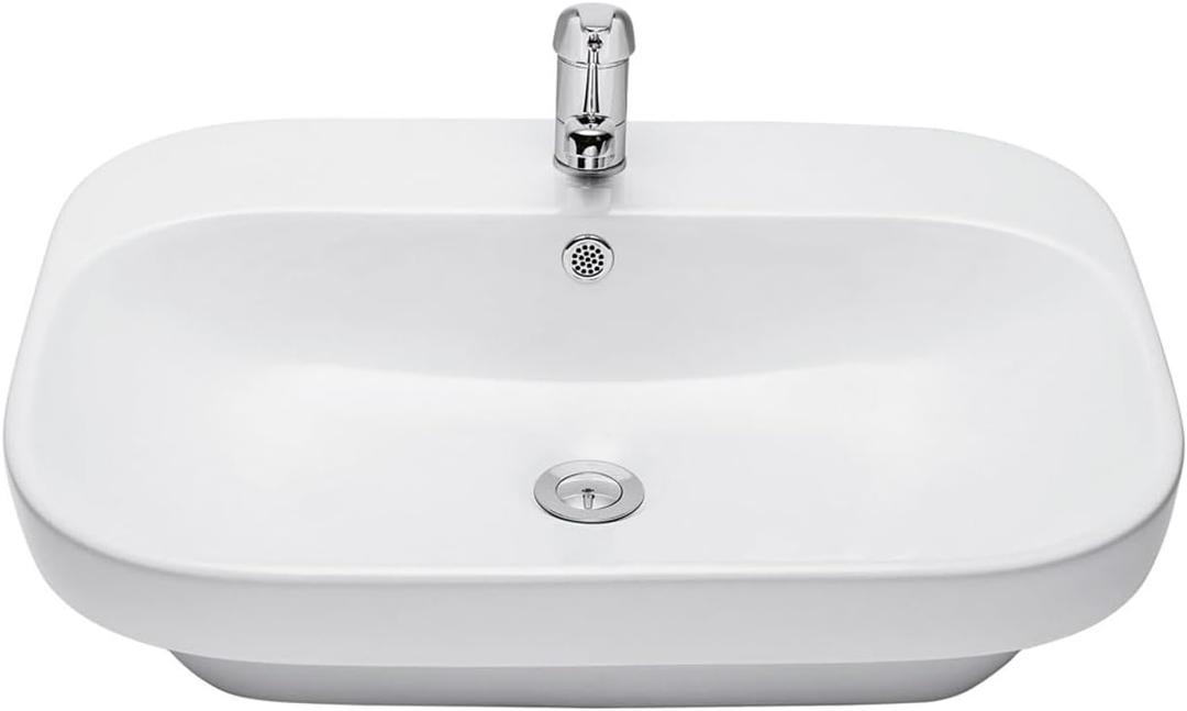 23.62" Vanity Vessel Sink, Modern Rectangular Ceramic Drop-In Bathroom Sink, with One Hole and Overflow, White