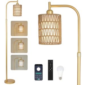 LAMSU Modern Gold Floor Lamps for Living Room, Boho Rattan Floor Lamp with Remote & Dimmable LED Bulb, Farmhouse Standing Lamp with Rattan Shades, Minimalist Tall Pole Lamp for Bedroom Office