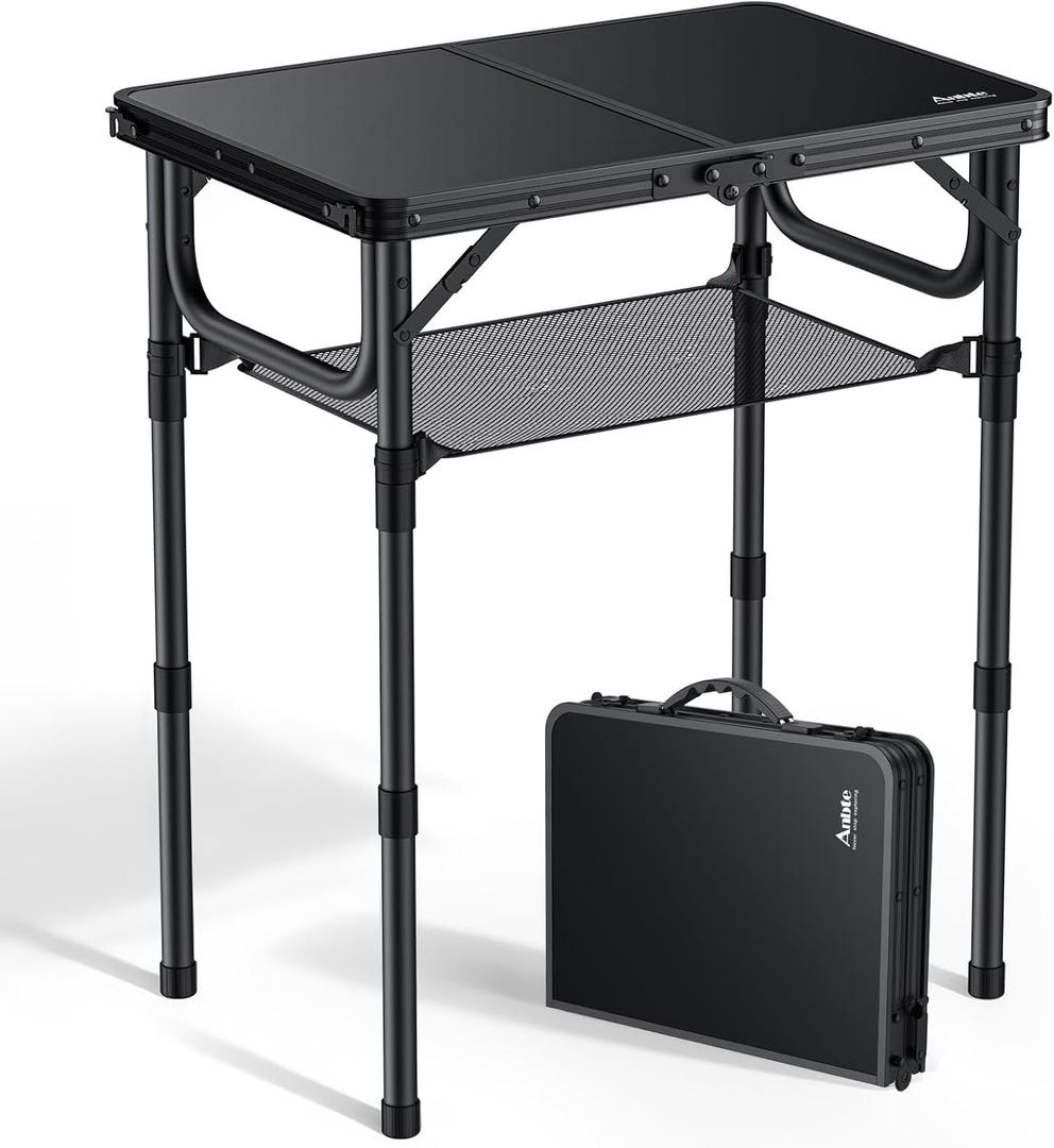 Anbte Folding Camping Table with Storage Net, Pure Black Aluminum 2ft Picnic Table 23.2" x 16" Outdoor Table Adjustable Height Max 27.5", Lightweight, Waterproof, Portable Handle for Travel Cooking