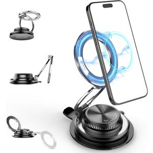 Magnetic Phone Holder for Car, 360 Adjustable MagSafe Car Mount with Suction Cup, Strong Magnetic Cell Phone Holder for Dashboard Windshield, Compatible with iPhone 17/16/15/14/13/12 Series, Black