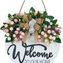 Spring Summer Welcome Wreaths for Front Door, Wood Door Hanger, Floral Porch Decor, Wall Plaque, Pink Flower Wreath, Farmhouse White Welcome Sign for Front Door