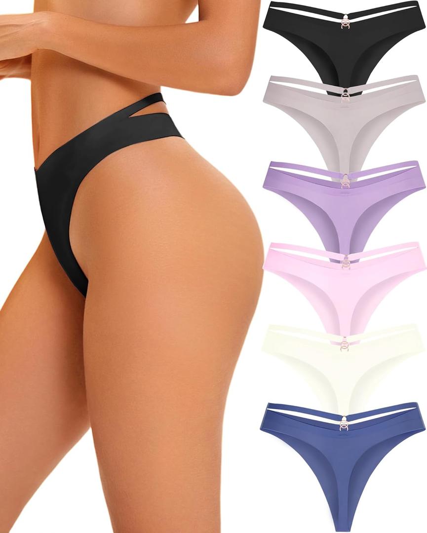 Women's Underwear Seamless Thongs 6 Pack No Show Thong Breathable Invisibles Hollow Out Sexy Panties Underwear (Large)