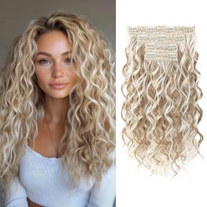 REECHO Curly Hair Extensions, 4PCS 16 inch Clip in Hair Extensions Lace Weft Short Curly Hair Extensions Clip Ins Invisible Natural Hairpieces for Women, Ash Blonde with Highlights