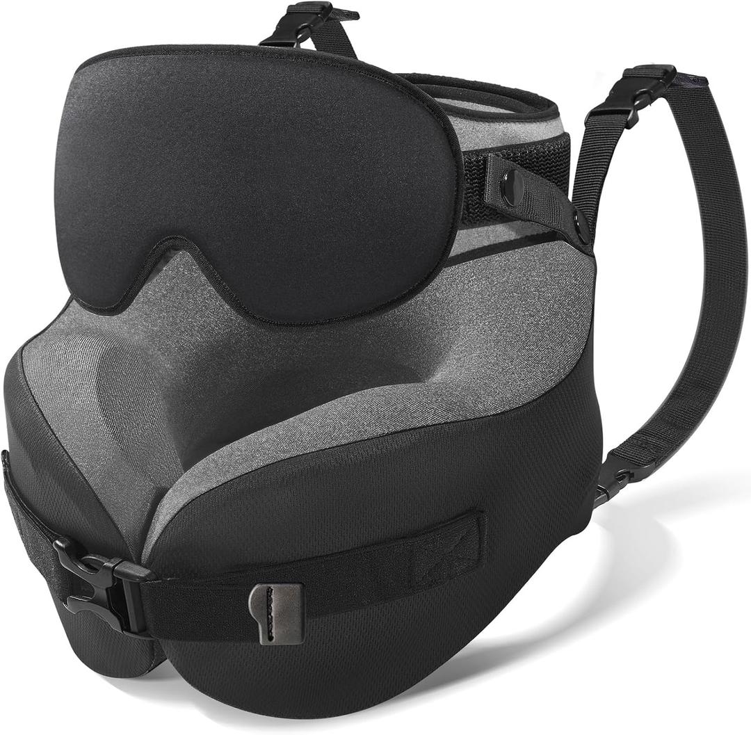 YFONG Travel Pillow for Long Flight Airplane, Head Strap Combo with 3D Contoured Sleep Eye Mask, Neck Pillow for Travel Essential, 360 Support Memory Foam Headrest, Prevent Bobbing, Drawstrap - Black