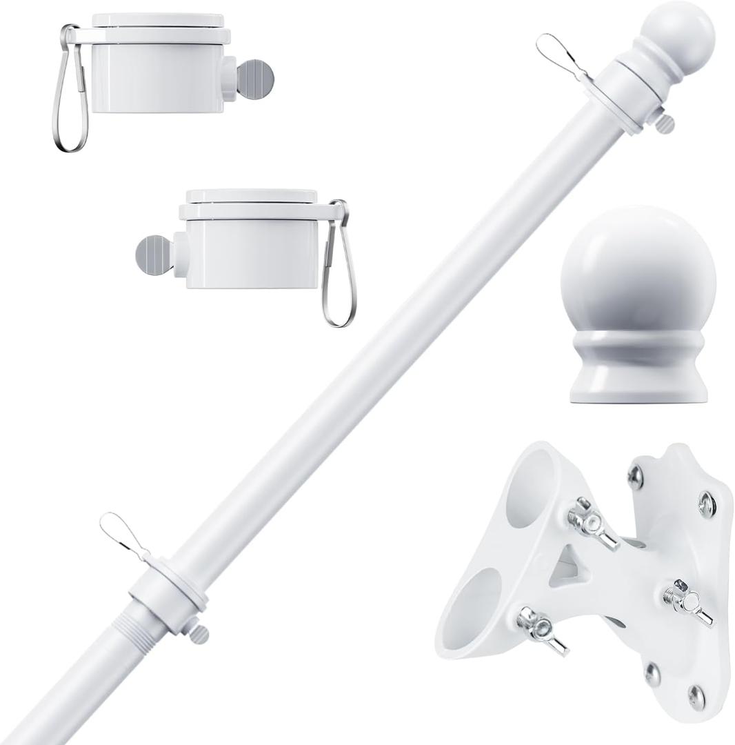 PHITRIC Flag Pole Kit, Tangle Free Spinning Stainless Steel Rustproof Flagpole for 3x5 Sports Fan Outdoor Flags for Outside House (White, 6FT, with Bracket)
