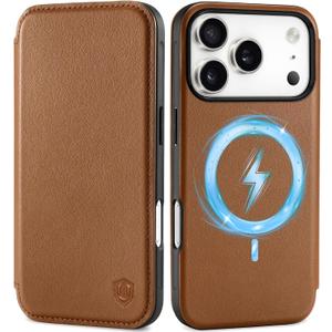 SHIELDON Real Leather Slim Case Wallet for iPhone 17 Pro 6.3-inch | Flip, Wireless Charging, Magnetic Closure, RFID Blocking Credit Card Holder, Full Protective Phone Cover - Saddle Brown