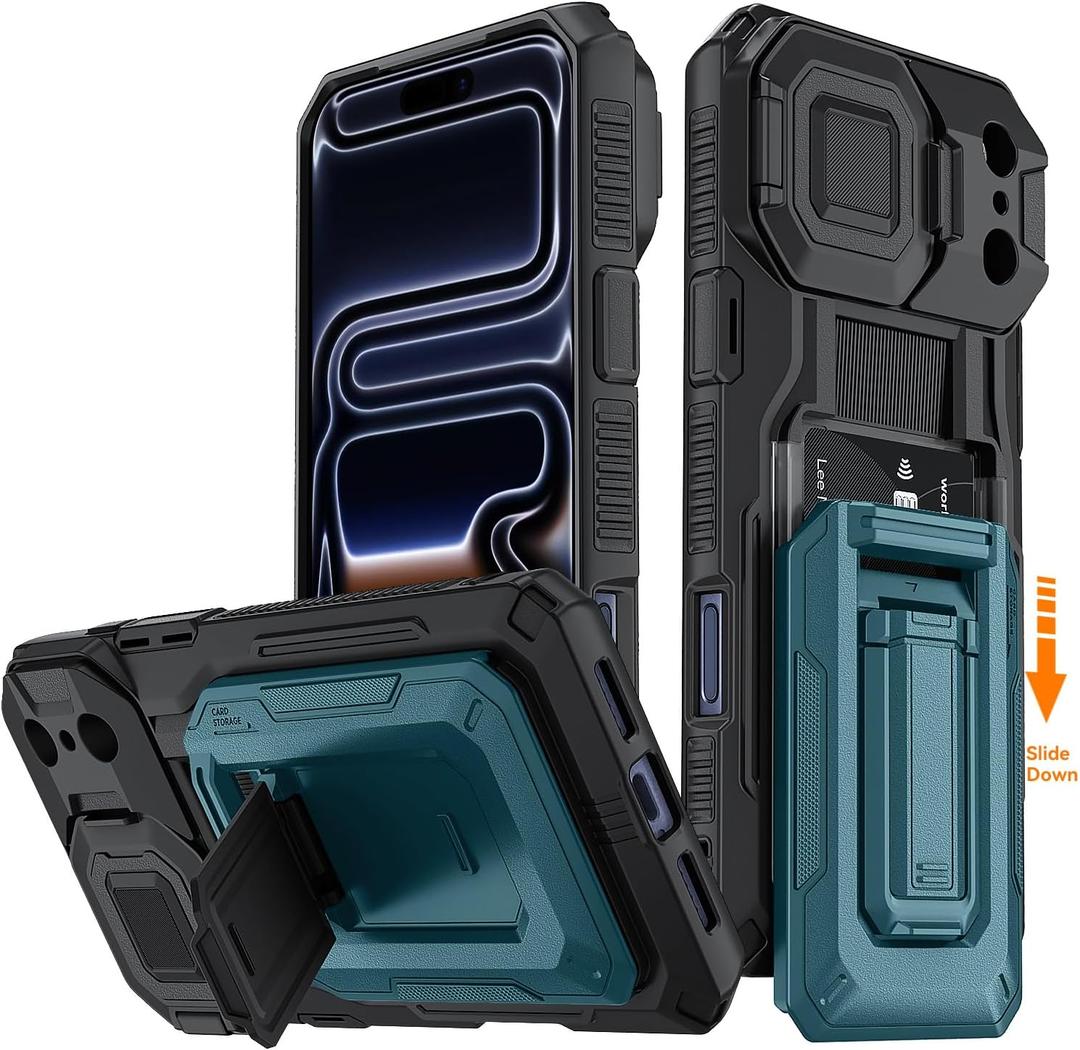 for iPhone 17 Pro Max Case with Semi-Automatic Card Slot (3-4 Cards) RFID Blocking & Kickstand & Camera Lens Cover & Wallet, Heavy Duty Rugged Phone Case (Blue, for iPhone 17 Pro Max, 6.9")