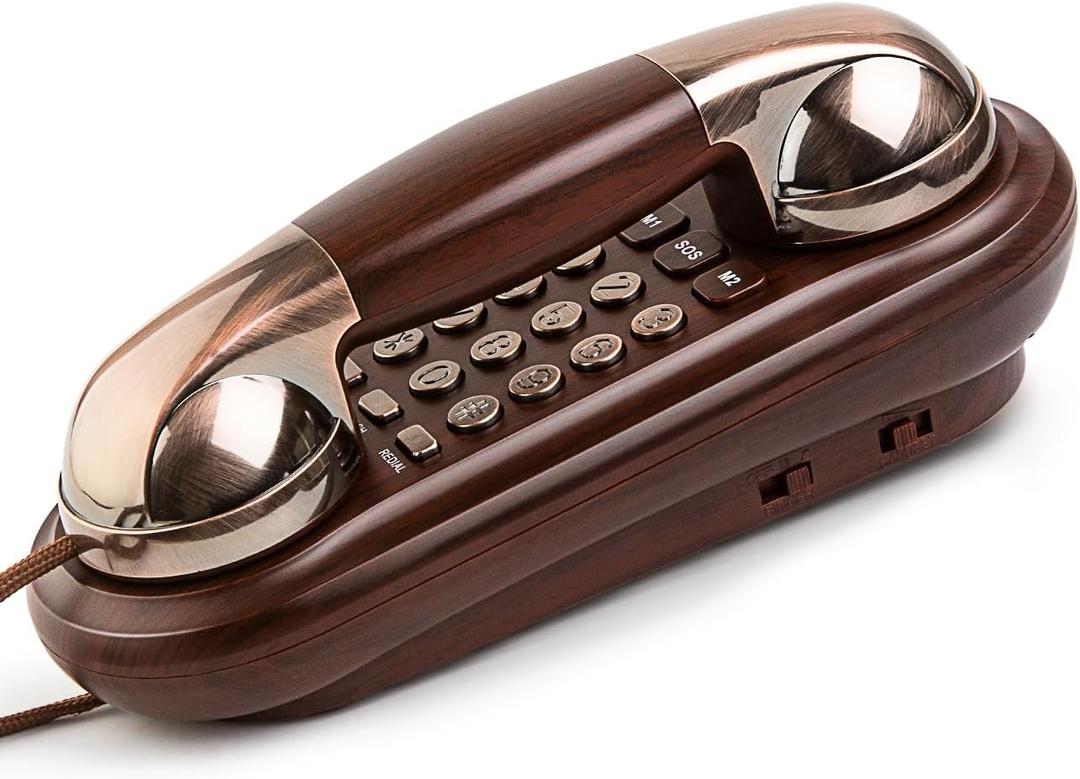 Sangyn Corded Phone Vintage Wood Grain Wall Phone, No AC Power Required, 3 Speed Dial Keys, Big Buttons, Loud Mechanical Ringer, Volume Control, Redial, Mute, Flash, Landline Phone for Home House
