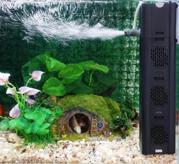 COOSPIDER The 4-in-1 Removable fits Aquarium Filters Turtle Tank Filter from 40 to 150 gallons. The Built-in Aquarium Filter has an Adjustable Flow Rate of 100-400 GPH