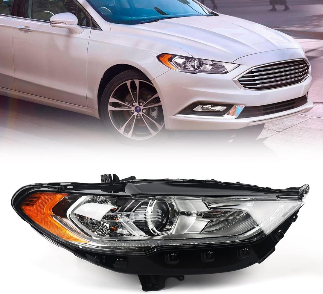 FIONE for Ford Fusion Headlight Assembly 2017 2018 2019 2020 Halogen Projector Headlamp Replacement Chrome Housing Front Lamp Right Passenger Side RH HS7Z13008G