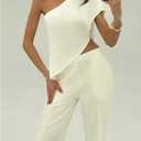 SOLY HUX Women's Summer One Shoulder Asymmetrical Tops Elegant Short Sleeve Evening Cocktail Blouse (L)