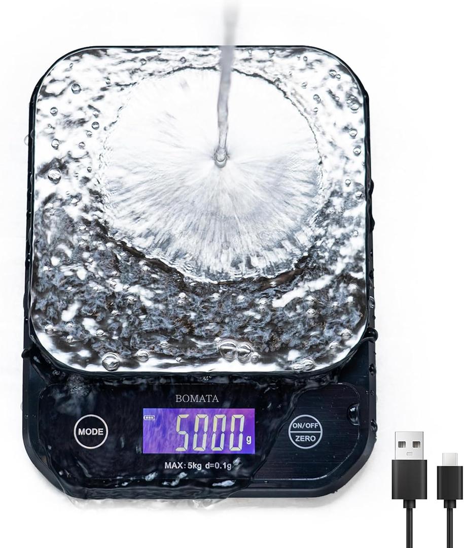 BOMATA Waterproof Kitchen Scale, 0.1g/0.01oz High Precision, 5kg/11lb, Washable, USB Rechargeable, Digital Scale for Food,Cooking, Baking, Weight Loss, Black&Grey