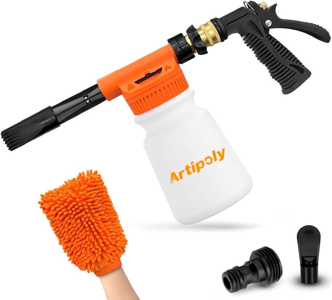Car Wash Foam Gun + Microfiber Wash Mitt - Car Foam Sprayer - Foam Cannon for Hose - Spray Gun Cleaner - Snow Blaster for Cars, Boats, RVs, Foam Cannon Connects to Any Garden Hose (Upgraded - Orange)