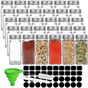 Keketin 30 Pack Glass Spice Jars 4 oz with Labels, Empty Square Spice bottles Seasoning Containers with Silver Caps and Shaker Lids(80 Black Labels,1 Funnel,1 Pen and 1 Brush Included)