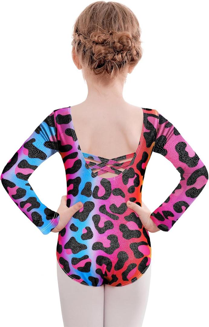 Zaclotre Team Basic Leotards for Girls Long Sleeve Crisscross Ballet Dance Gymnastic Outfits for Kids (4-5T, Mulitcolor Leopards)