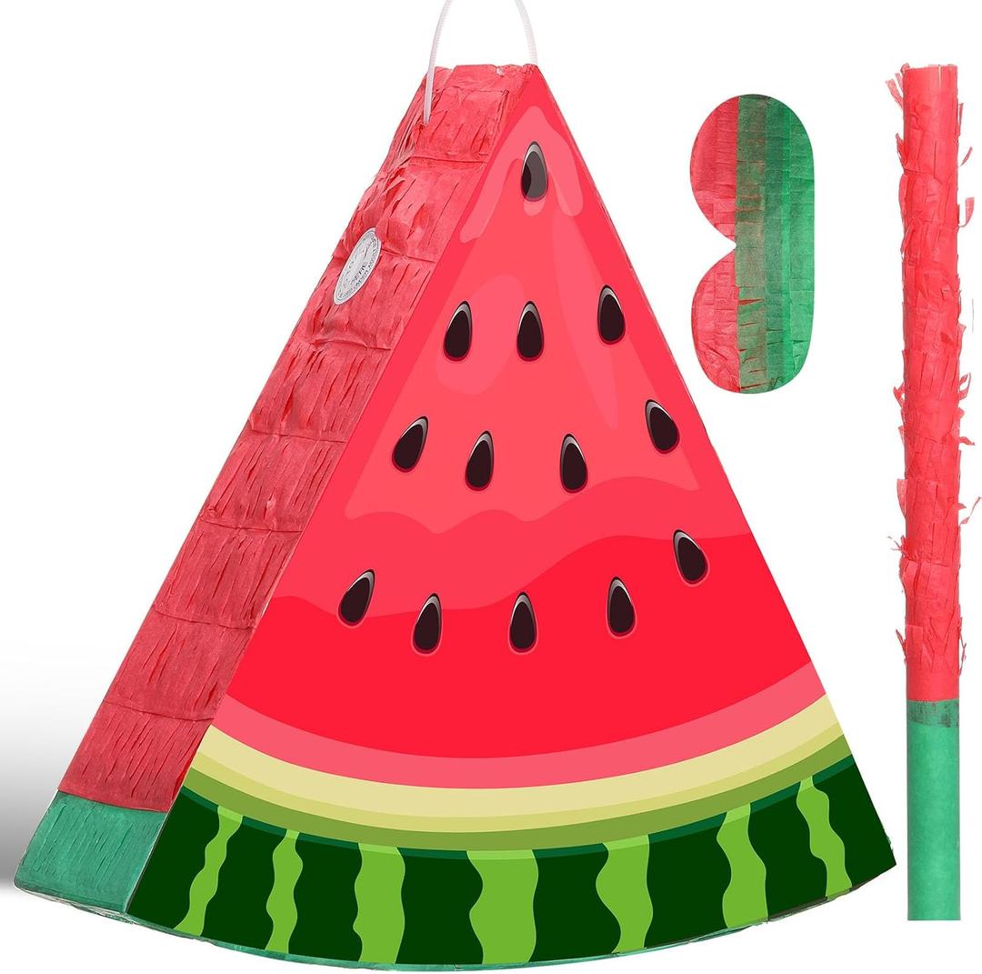 Aoriher Small Watermelon Piñata with Blindfold Bat Fruit Piñata Summer Decorations for Birthday Party Summer Theme Party Game Supplies, 12.6 x 13 x 3