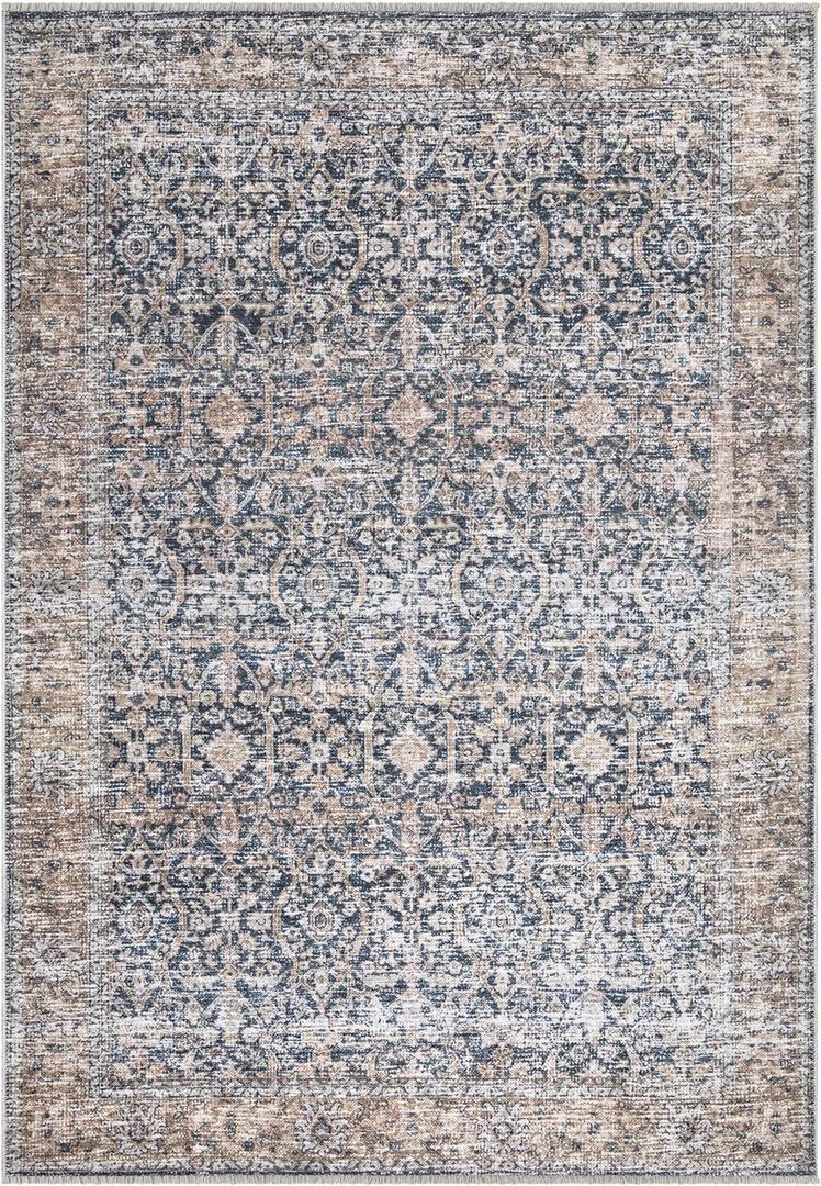 Bloom Rugs Caria Washable Non-Slip 3x5 Rug - Dark Blue/Tan Traditional Area Rug for Living Room, Bedroom, Dining Room, and Kitchen - Exact Size: 3' x 5'