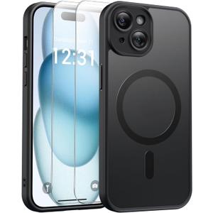 for iPhone 15 Case,Magnetic with [2 Tempered Glass Screen Protector] [Full Camera Protection] [Translucent Matte] Shockproof Protective Phone Case for iPhone 15, Black