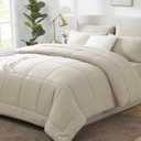 CozyLux Queen Comforter Set Oatmeal, 7 Pieces Bed in a Bag, Oatmeal Comforter Queen Size, All Season Bedding Sets with Stitch Quilted Comforter, Flat Sheet, Fitted Sheet, Pillowcases