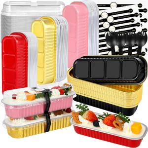 Mini Loaf Pans with Lids and Spoons (100 Pack, Mixed color, 6.8oz) Rectangular Aluminum Foil Baking Pans