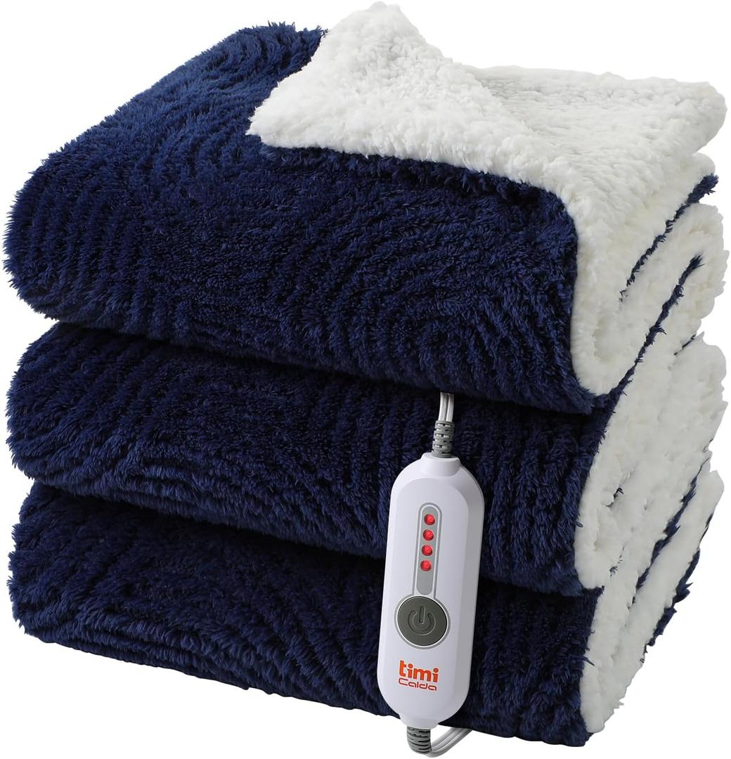 Heated Throw Blanket Electric - 50"x60" Cozy Soft Jacquard Heating Blanket with 4 Heat Levels 4 Hours Auto-Off, Electric Throw with Overheating Protection, Warm Gifts, Navy